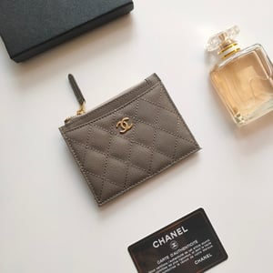 Chanel Zipped Card Holder 11.5 Gray Grained Calfskin Gold Icon