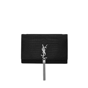 Saint Laurent Kate Tassel Medium Crocodile Embossed Leather Black 22Cm