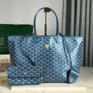 Goyard Saint Louis Pm Bag 34Cm Deep Blue Canvas Chevroches Calfskin