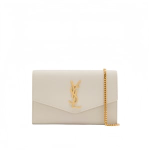 Saint Laurent Uptown Chain Wallet In Grain De Poudre Embossed Leather Blanc Vintage 19Cm