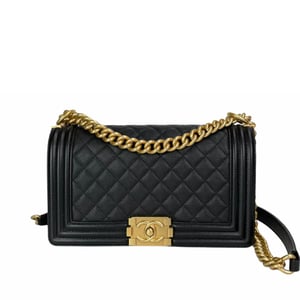 Chanel Medium Boy Quilted Gold Chain Black 25Cm