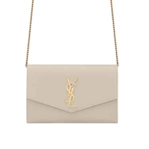 Saint Laurent Uptown Chain Wallet In Grain De Poudre Embossed Leather Blanc Vintage 19Cm