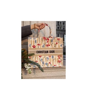 Dior Book Tote in Beige Multicolor Hibiscus Metallic Thread Embroidery