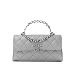 Chanel Lambskin Quilted Chain Top Handle Phone Holder With Chain Silver 18Cm