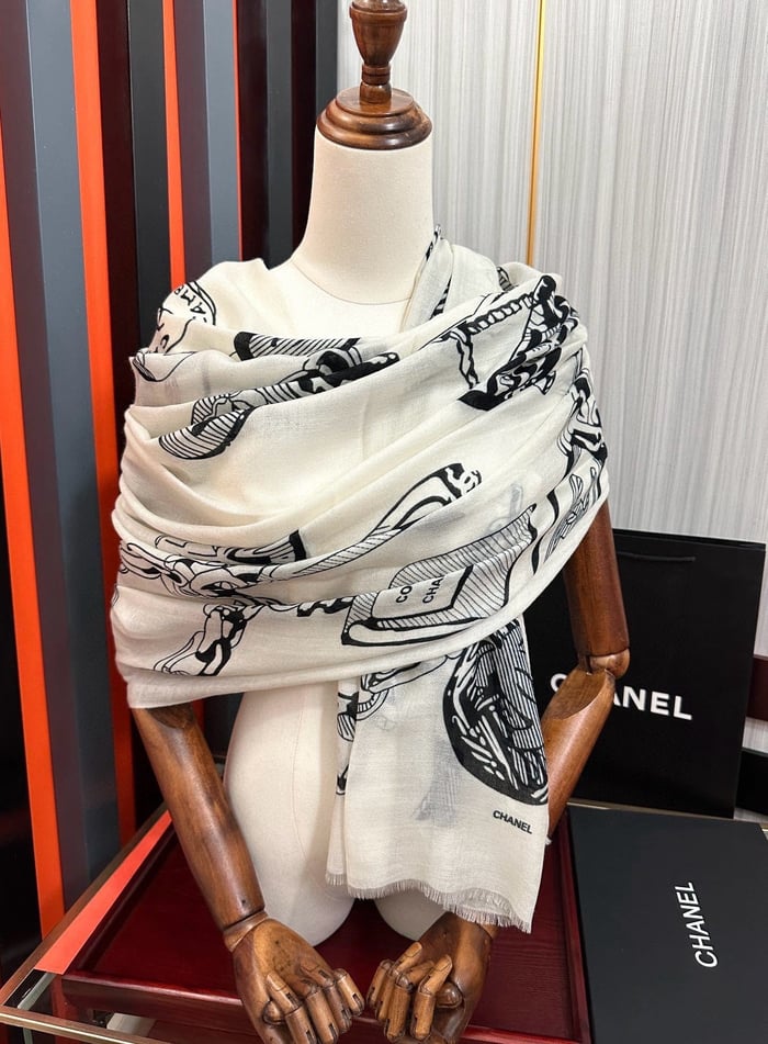 Chanel Silk Shawl Charm Chain Motif White For Women 200cm – dealsyity.com